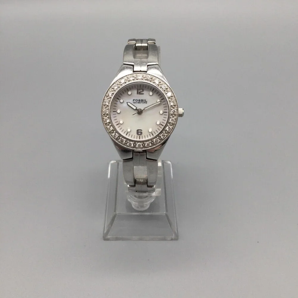 Fossil Womens Watch 29mm MOP Crystal Bezel 100M Stainless New Battery 6.75